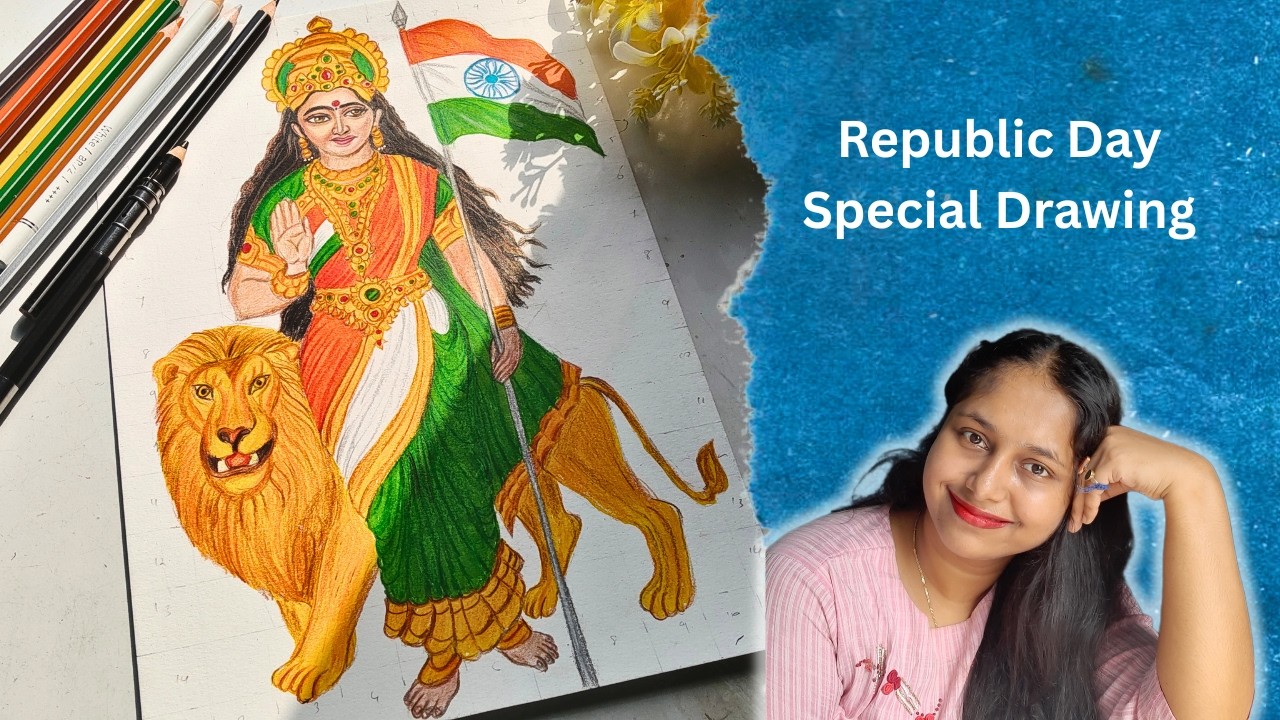 How To Draw Bharat Mata Using Colour Pencils, Republic Day Drawing, 26 January Special Drawing