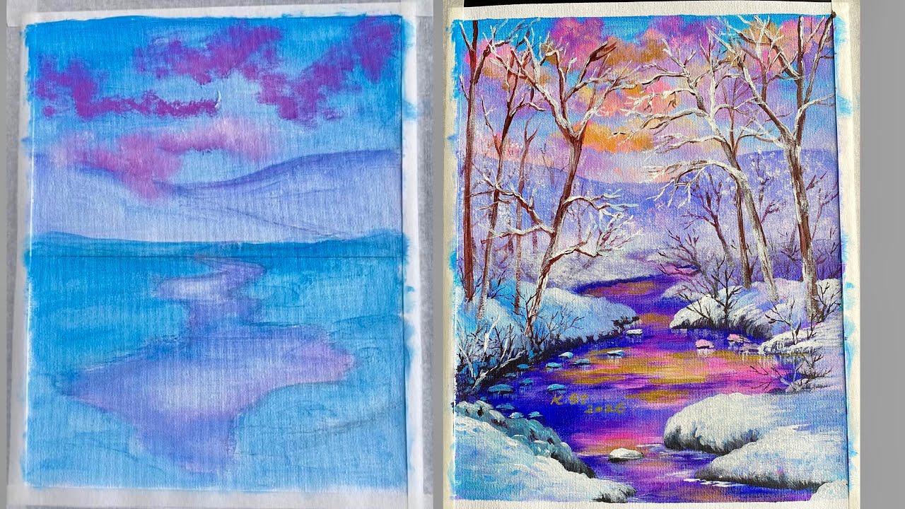 How to draw stream in the morning glow/#002/Winter landscape painting/Acrylic painting/Kelly Art