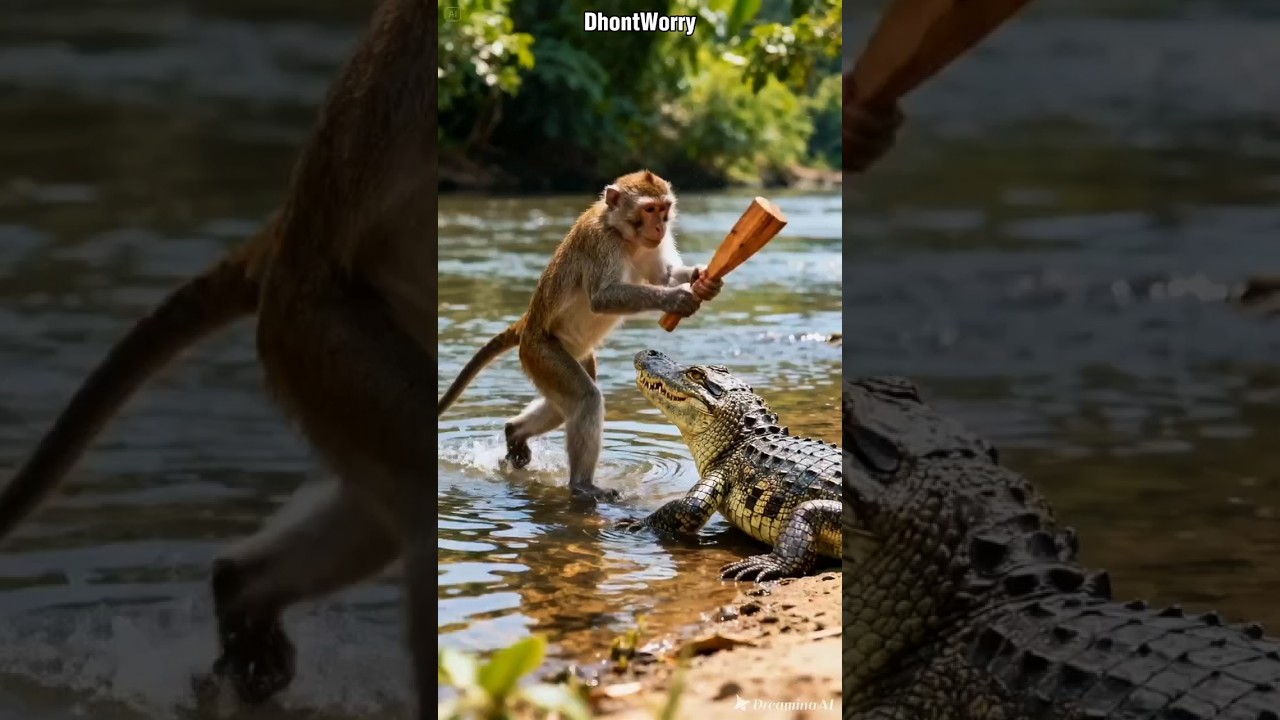 Terrifying Moments! A Brave Monkey Challenges a Giant Crocodile with Just a Wooden Stick