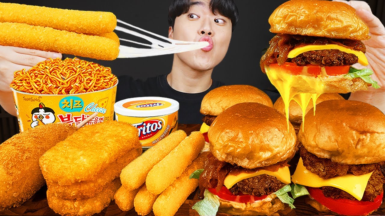 ASMR MUKBANG | гамбургер, Сырная палочка, Огненная лапша, хотдог рецепт блюда принимать пищу