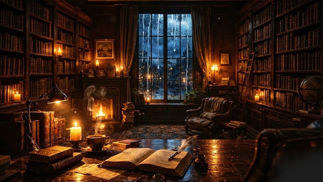 Rainy Night Library Ambience — Cozy Fireplace & Study Atmosphere (2 Hours)