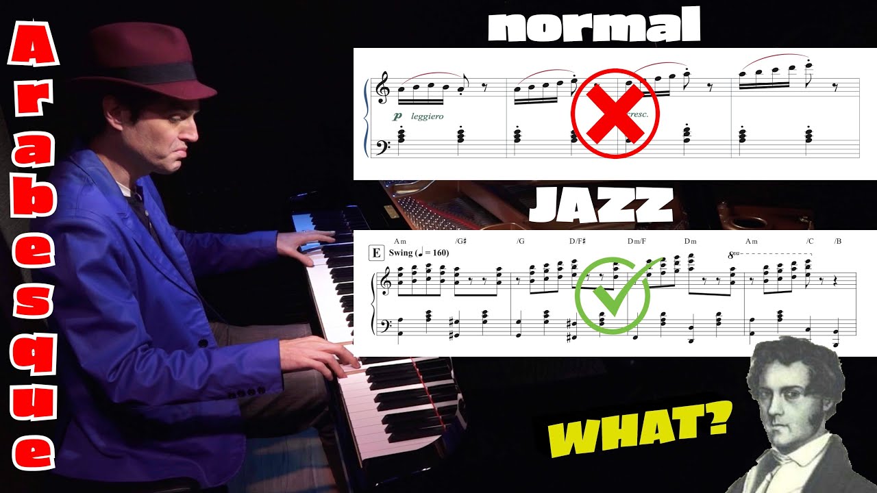 “Arabesque” by Burgmüller but in a jazz stride piano arrangement with sheet music