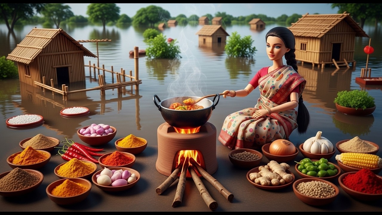 Flood → Forest Life → Fish Miniature Doll Forest Fish Cooking ASMR | Tiny Village Life