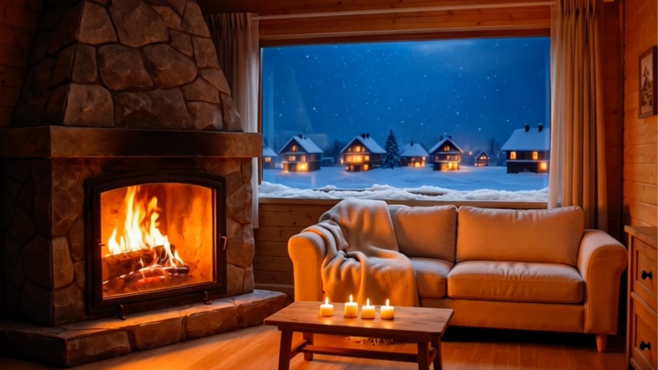 Cozy Winter Cabin Night ❄️ Fireplace Glow & Smooth Jazz Ambience