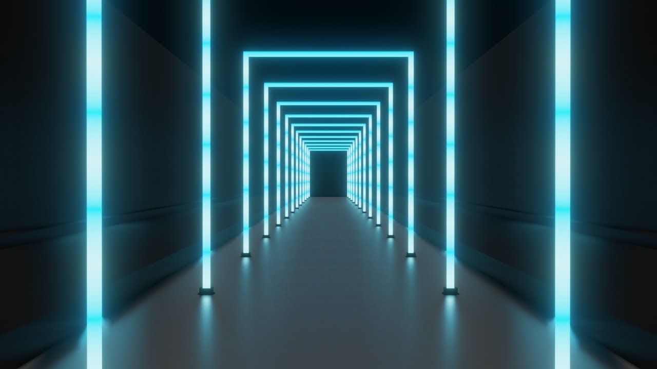 Striped neon tunnel of square frames on dark background. Video Loop | 10 minutes