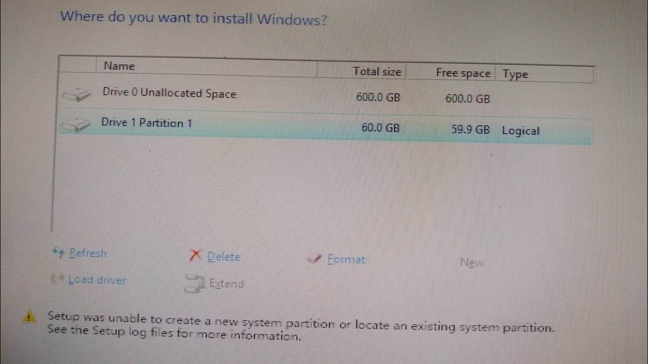 Setup was unable to create a new system partition locate an existing partition. set up log file info