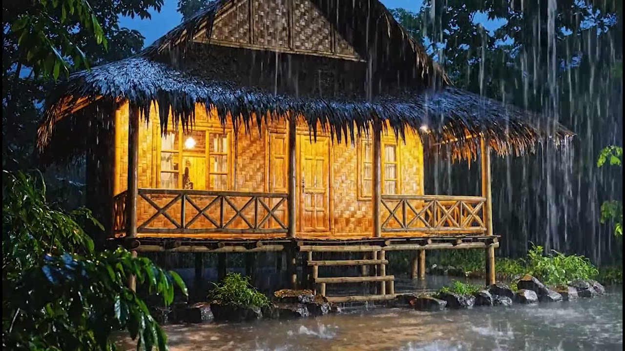 10 Hour 🌧️ Cozy Bamboo House in Heavy Rain | Relax & Sleep