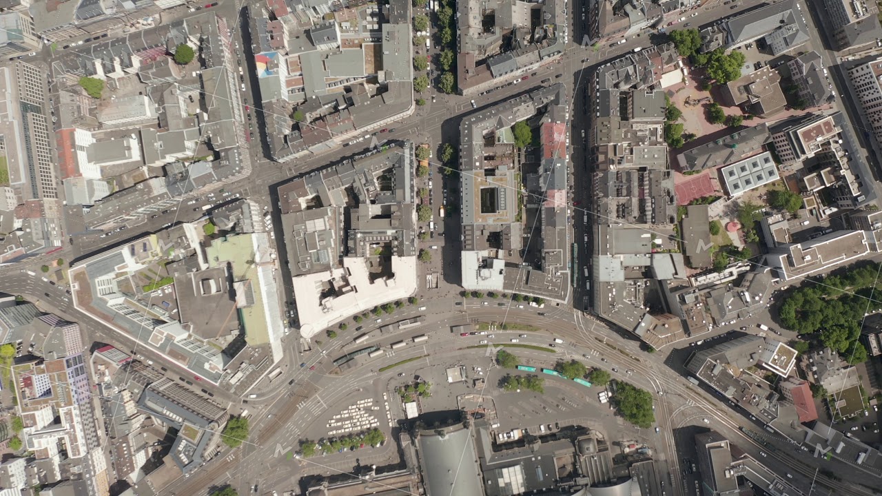 AERIAL: High Overhead Top Down Birds View Shot of Frankfurt am Main, Germany in Summer, City Streets