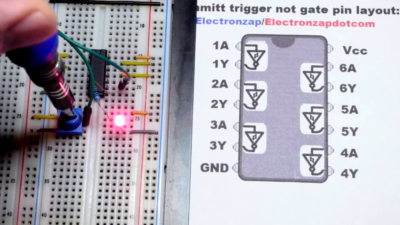 Quick NOT gate 7414 74HC14 hex inverting schmitt trigger integrated circuit IC demonstration