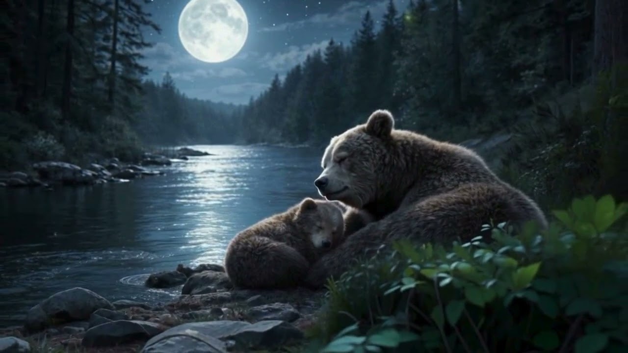 Mama Bear & Cub in Moonlit Forest 🌙 | Calm Animal Video for Toddlers & Babies