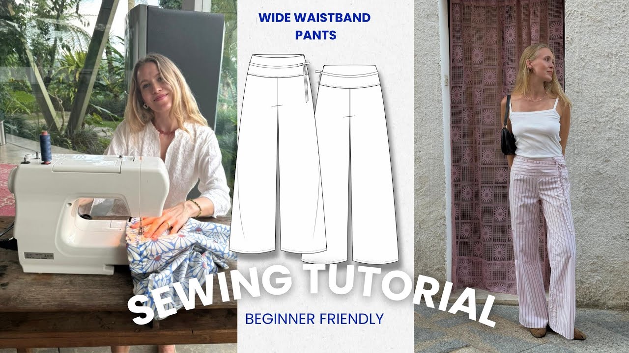 wide waistband NIKI PANTS, low waisted pants beginner friendly sewing pattern, sew a long tutorial