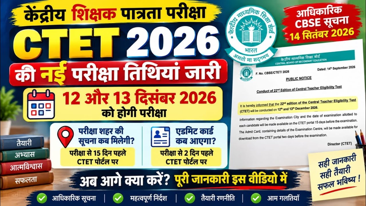 ​CTET New Exam Dates Out 2026 | 12 और 13 दिसंबर को होगी परीक्षा!