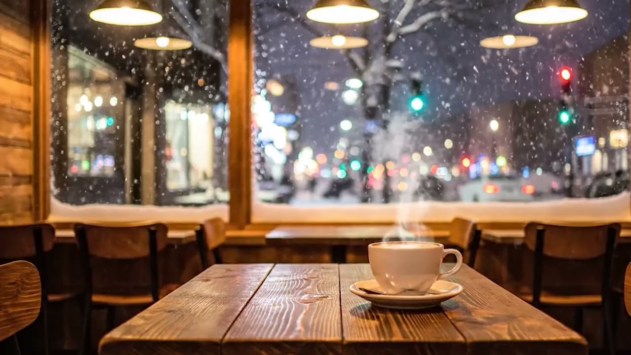 ☕ Snowy Coffee Shop Ambience | Falling Snow & Cafe Sounds | 12 Hours for Study & Relaxation