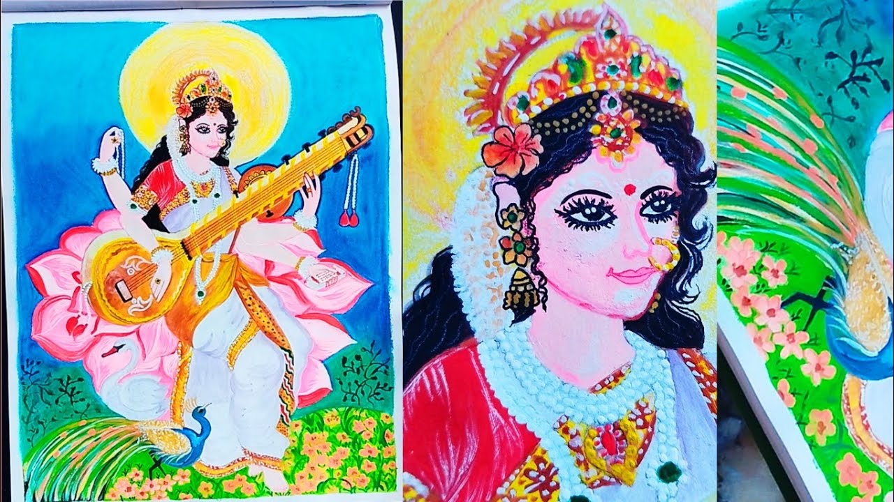 Easy Maa Saraswati Drawing Part-2 | Saraswati Maa Painting Final Look | Step by Step For Beginners