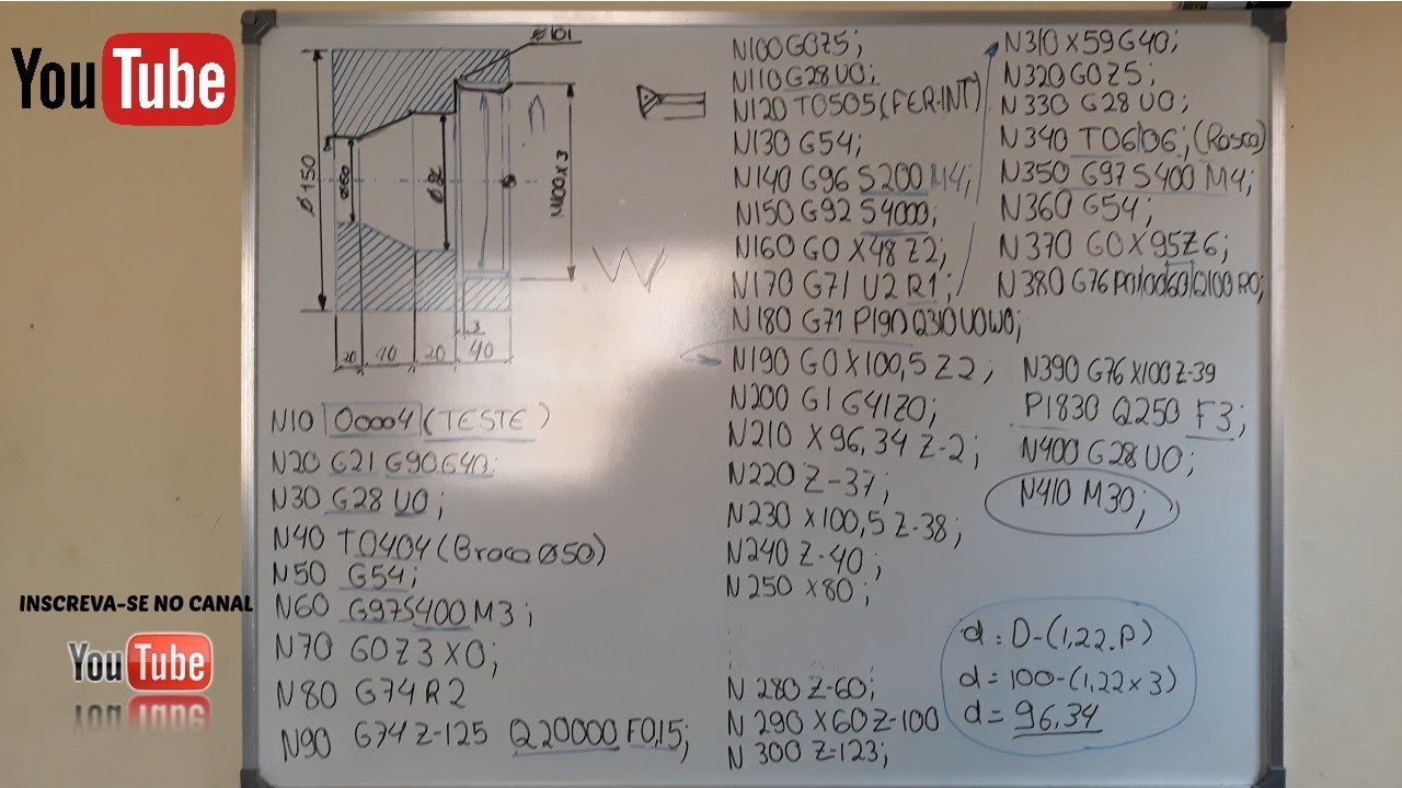 Ciclo de torneamento interno, furação e rosca, programa completo passo a passo, comando fanuc oi-tc.