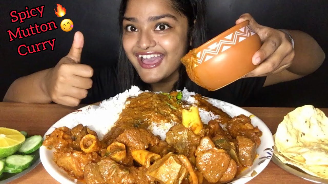 SPICY MUTTON CURRY WITH BASMATI RICE , SALAD | MESSY EATING | EATING SOUNDS | FOOD EATING VIDEOS