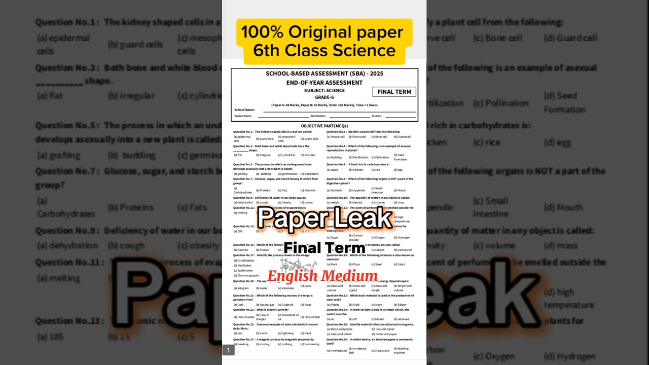 6th Class Science paper final term 2025 sba class 6 Science paper final term 2025
