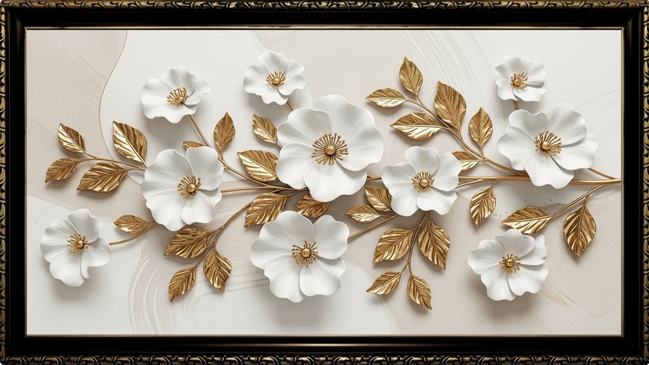 White & Gold Embossed Floral Wall Art 4K | Contemporary Luxury Display