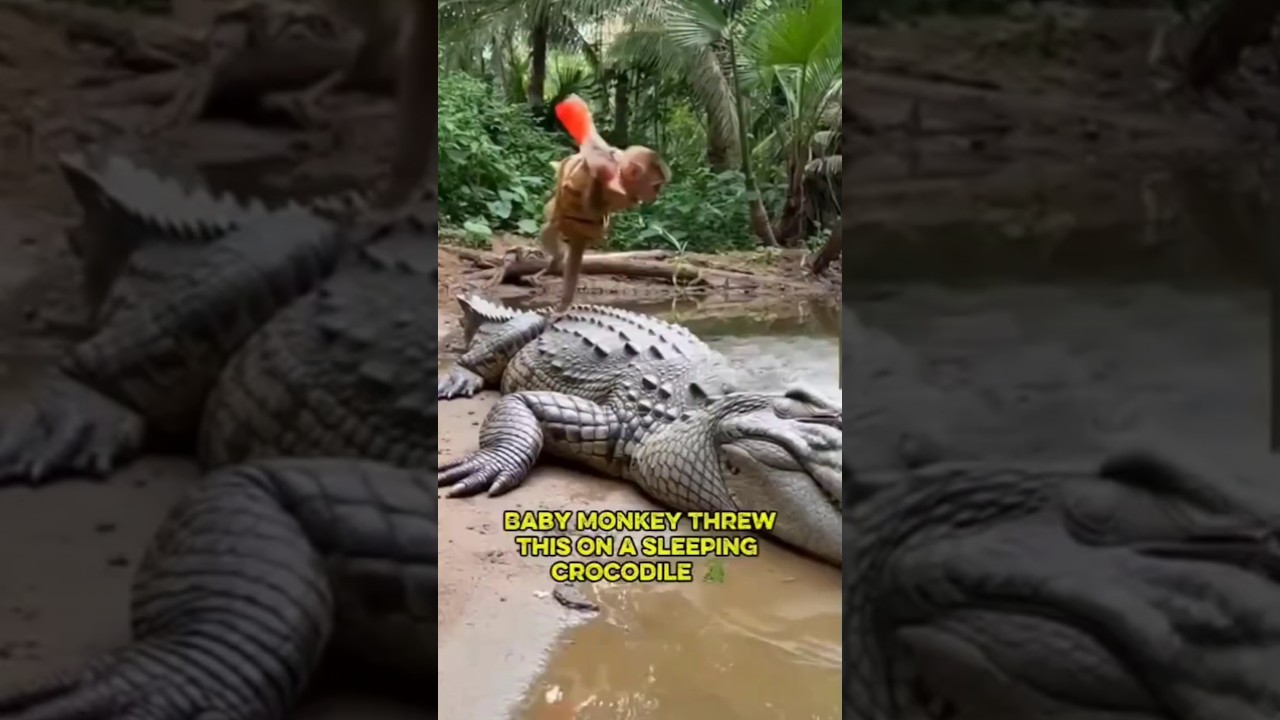 Baby Monkey Threw This on a Sleeping Crocodile… 😳🐊