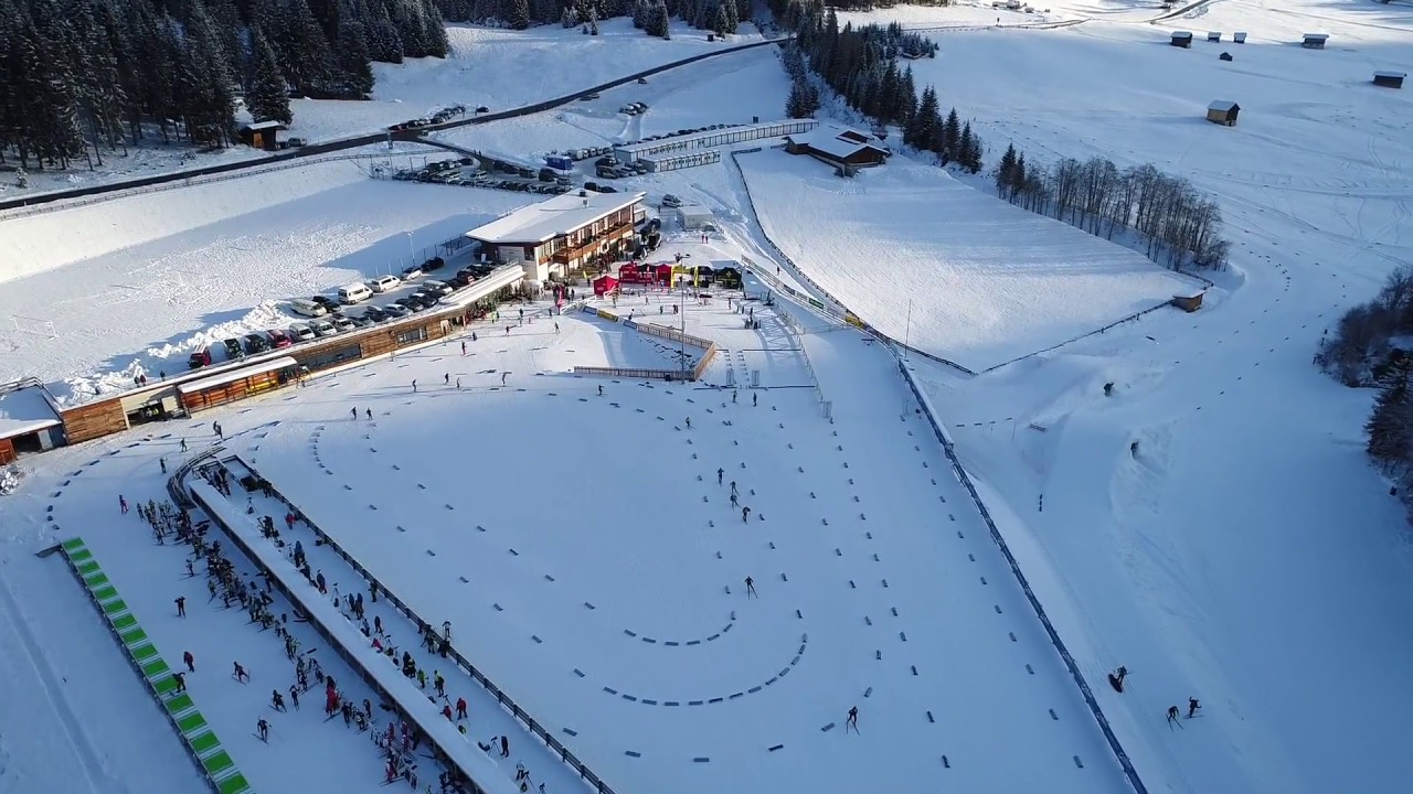 Drohnenaufnahme vom Biathlonzentrum Obertilliach, Langlaufurlaub in Osttirol, Tirol