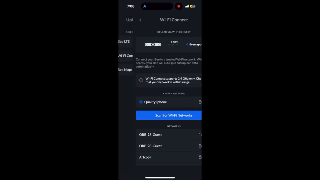 Upload Modes: WiFi Connect, Bee LTE, and Bee Maps App