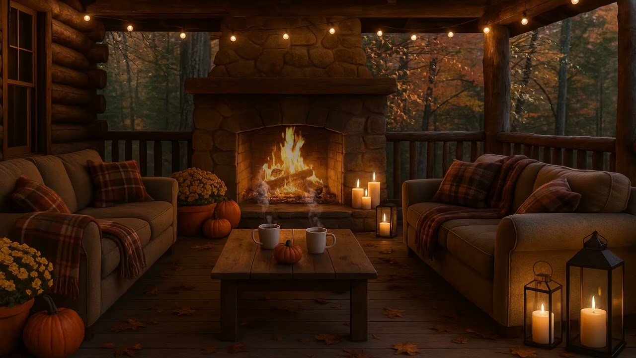 Cozy Fall Autumn Cabin Porch Ambience - Relaxing Fireplace Sounds For Focusing, Sleeping & Studying