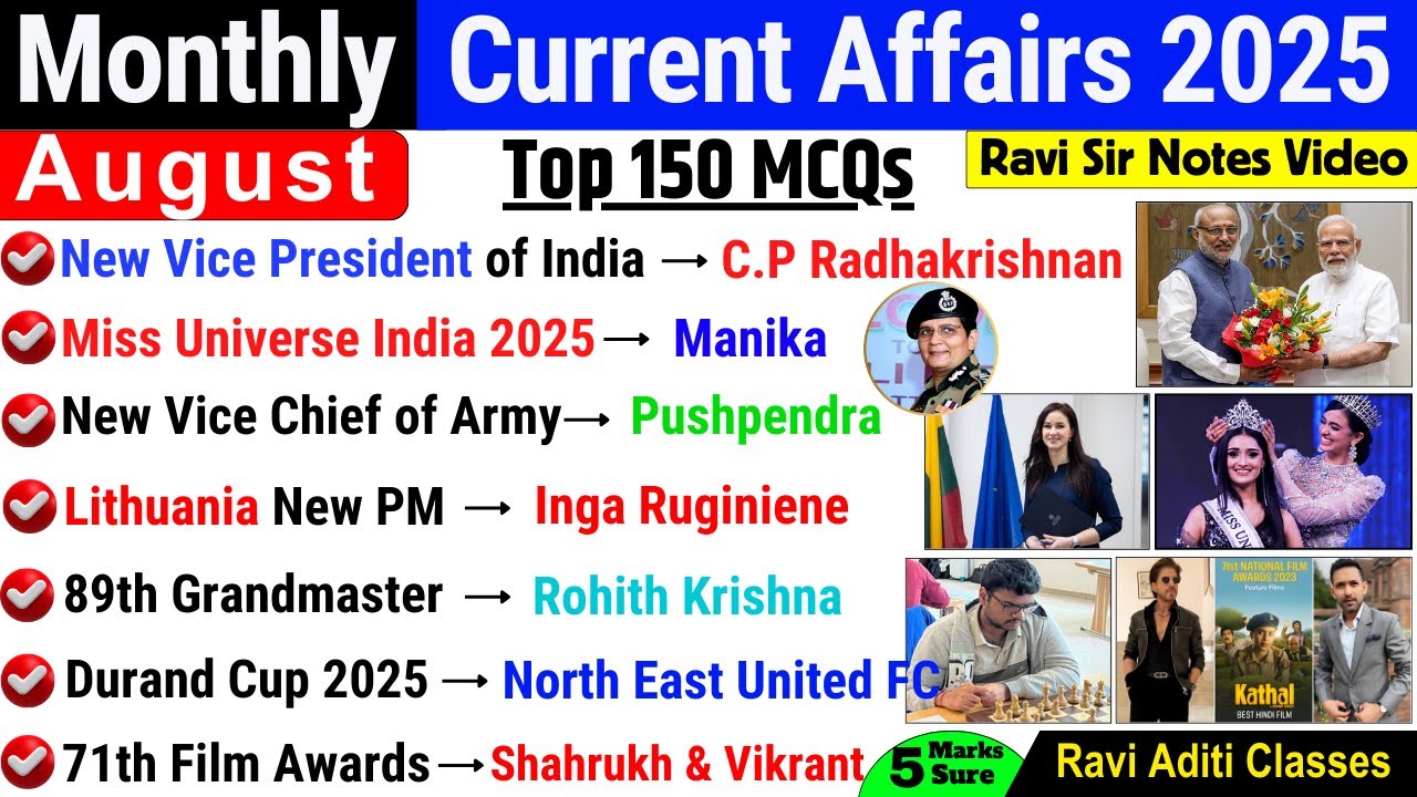 AUGUST 2025 MONTHLY CURRENT AFFAIRS | TOP 150 CURRENT AFFAIRS | AUGUST MONTHLY CA | By Ravi Aditi