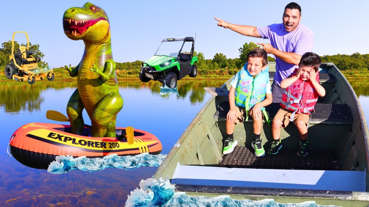 Rescuing dinosaurs with boat, zero turn riding mower, and kids tractor truck on farm | Super Krew