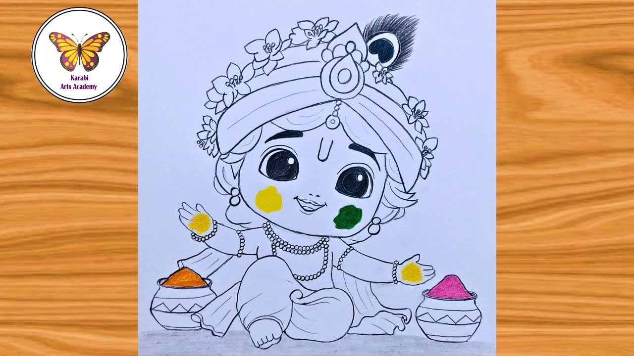 Cute baby krishna drawing for holi| happy holi drawing easy for beginners| chitra