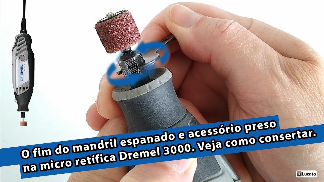 O fim do mandril espanado e acessório preso na micro retífica Dremel 3000. Veja como consertar a sua