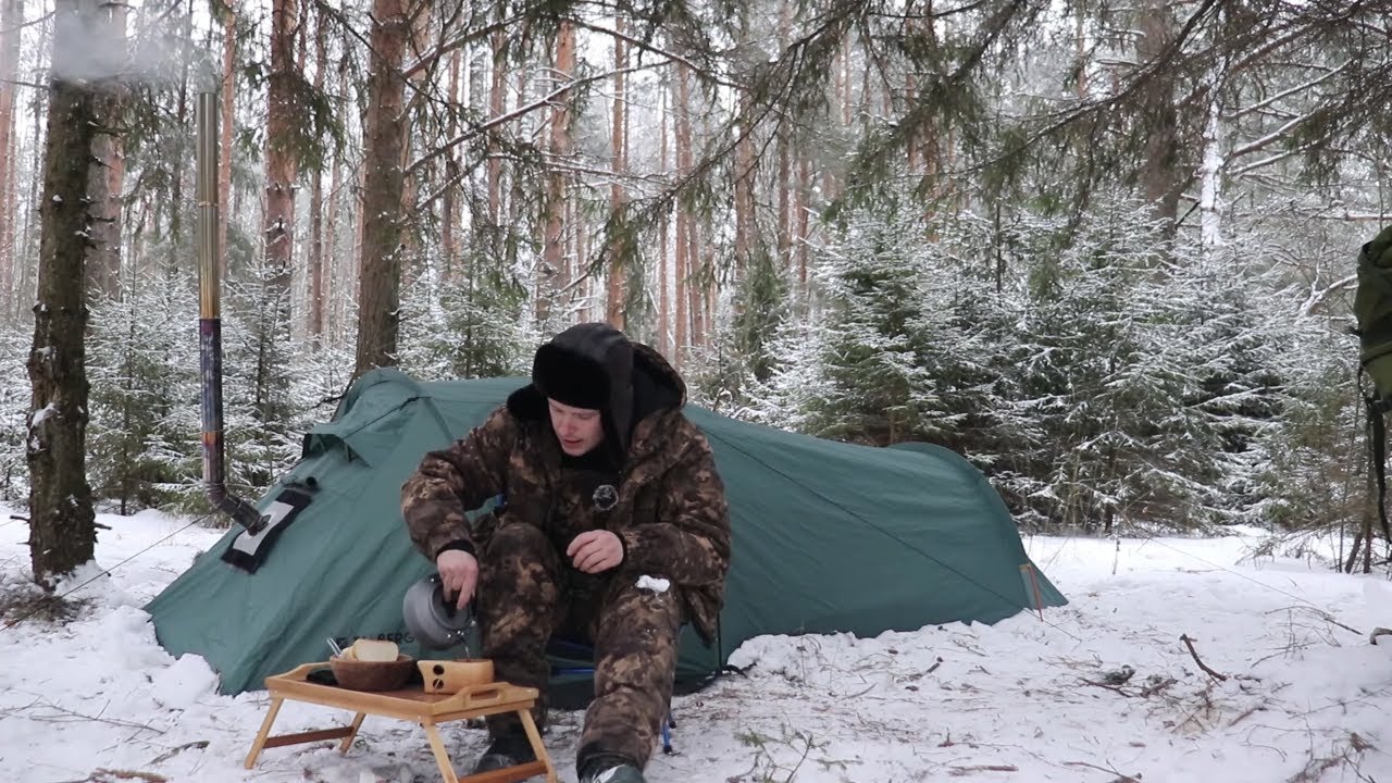 Одиночный поход с горячей палаткой в зимний лес. ASMR
