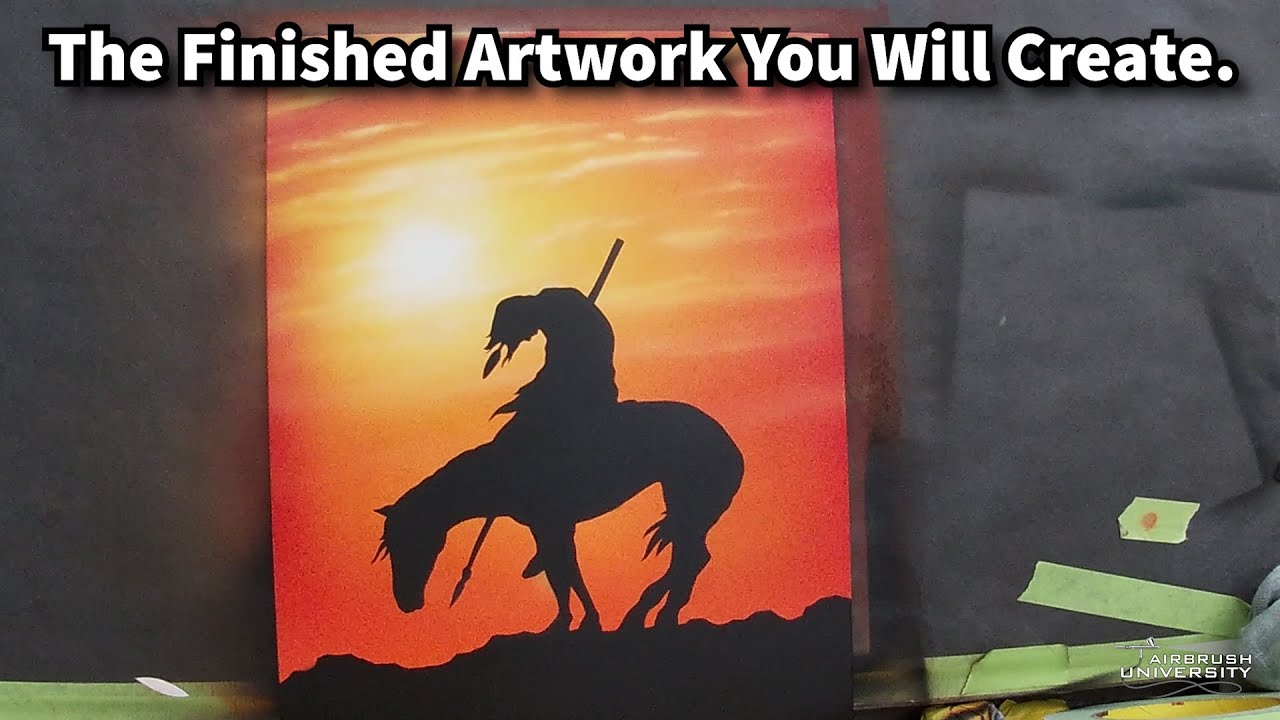 How to airbrush a sunset and Indian on horse silhouette step by step