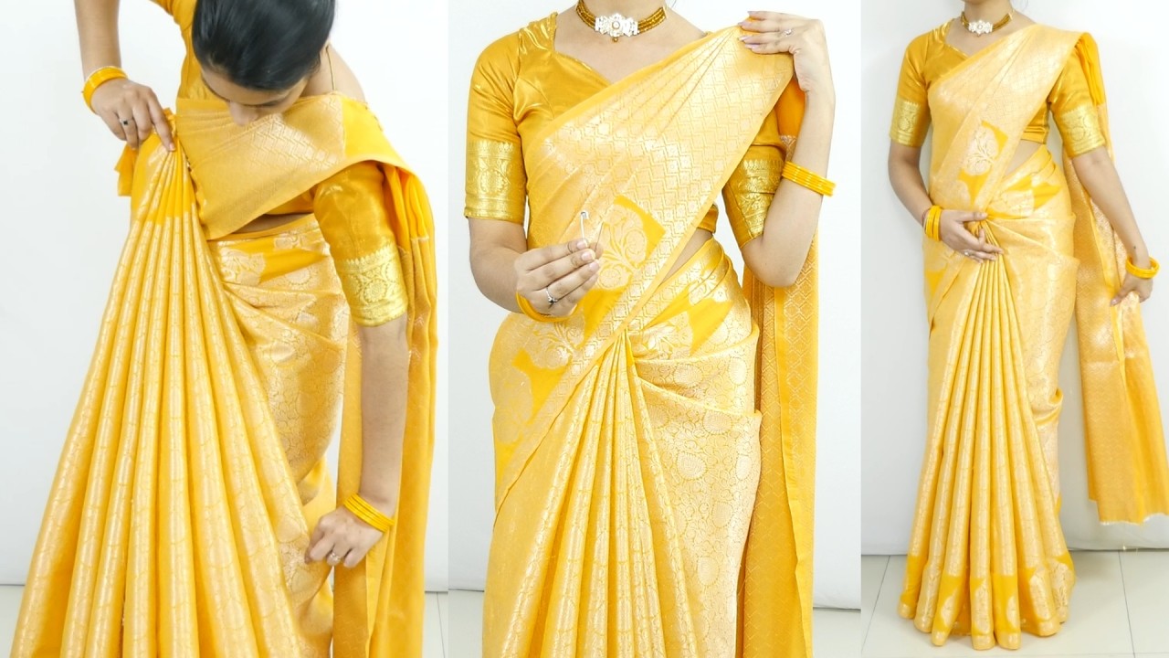 Tight Fitting Saree Draping Tutorial  with Perfect Shoulder & Center Pleats Look Slim in Heavy Silk