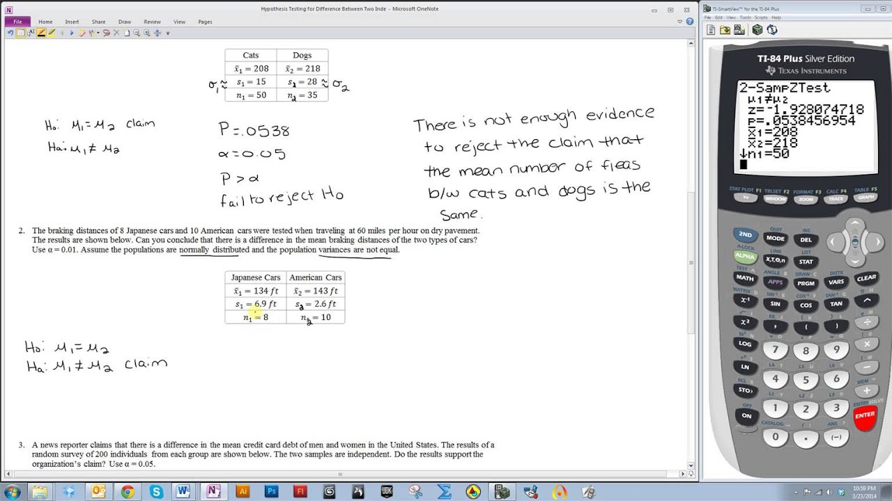 Hypothesis Testing for Two Independent Means Using a TI-84 (2-SampZTest and 2-SampTTest)