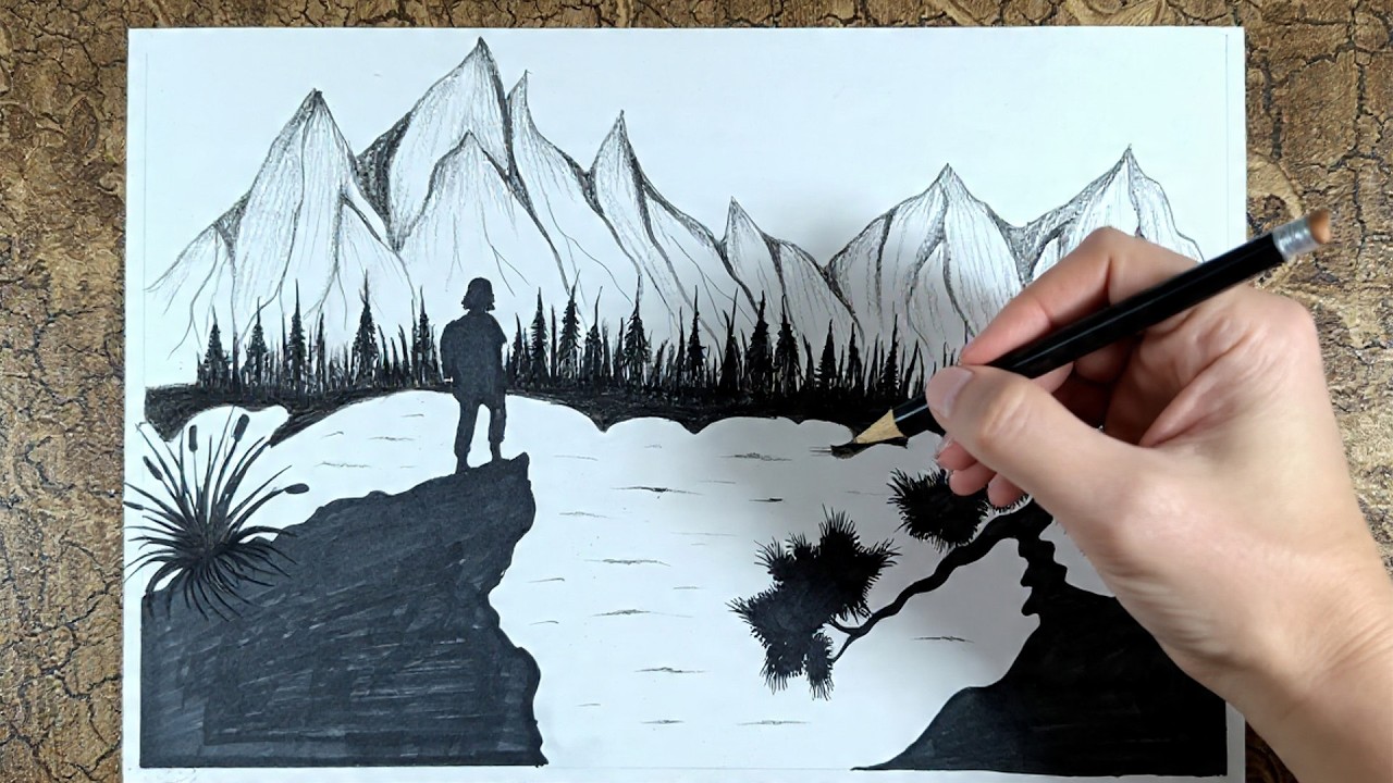 Beautiful Nature Landscape Art Drawing | Nature Silhouette Art