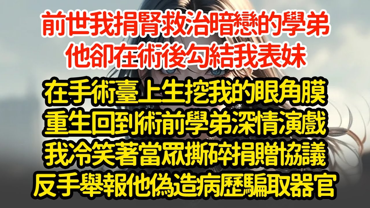 前世我捐腎救治暗戀的學弟，他卻在術後勾結我表妹，在手術臺上生挖我的眼角膜重生回到術前學弟深情演戲我冷笑著當眾撕碎捐贈協議反手舉報他偽造病歷騙取器官