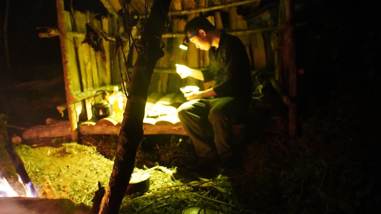 Build a tent with dry bark under a big tree, cook and spend the night in the mountain.