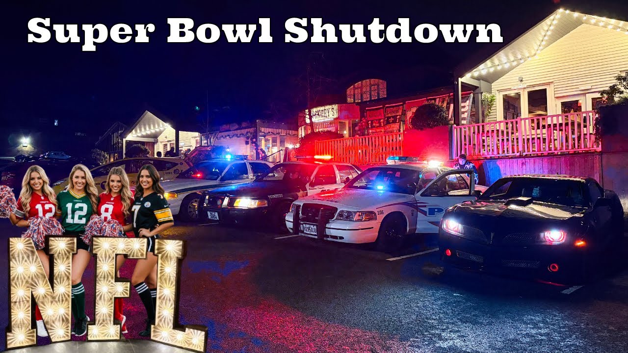 Super Bowl Tailgate Party At Hickory’s Smokehouse With American Police Cars Patriots VS Seahawks.