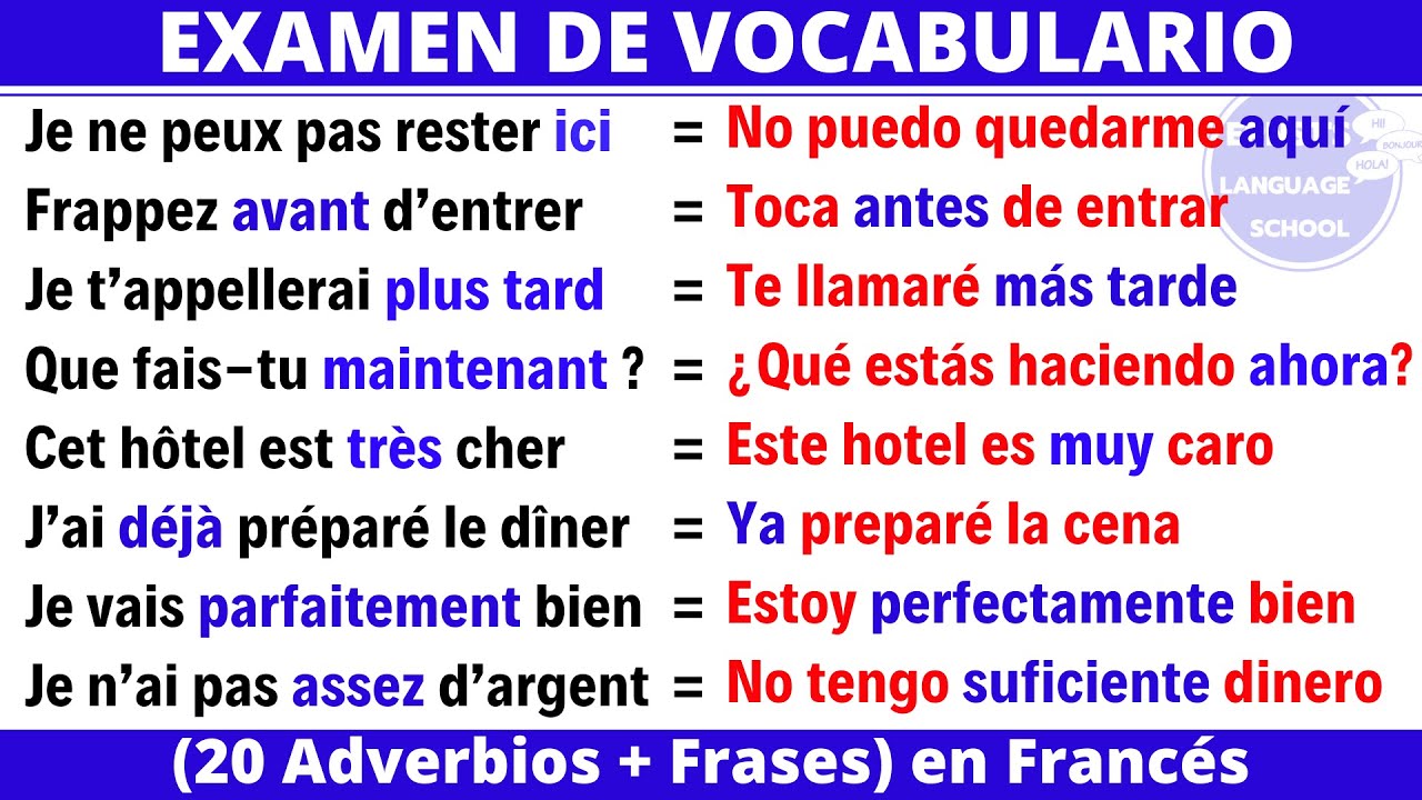 📝Examen de vocabulario Francés -( 20 Adverbios + Frases ) | Aprender Francés rápido y fácil