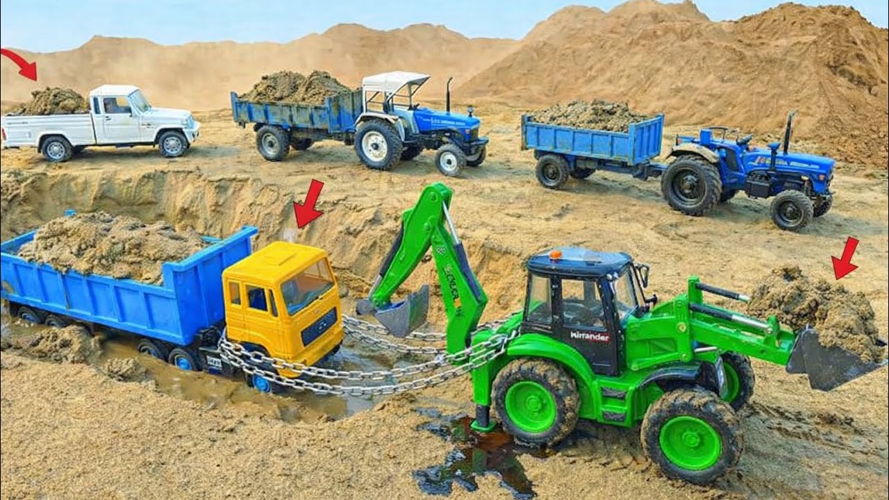 BharatBenz Dumper Tata Truck 3 Tractor Muddy Accident Pulling Out JCB 5CX | JCB recuse | YTB TOYS