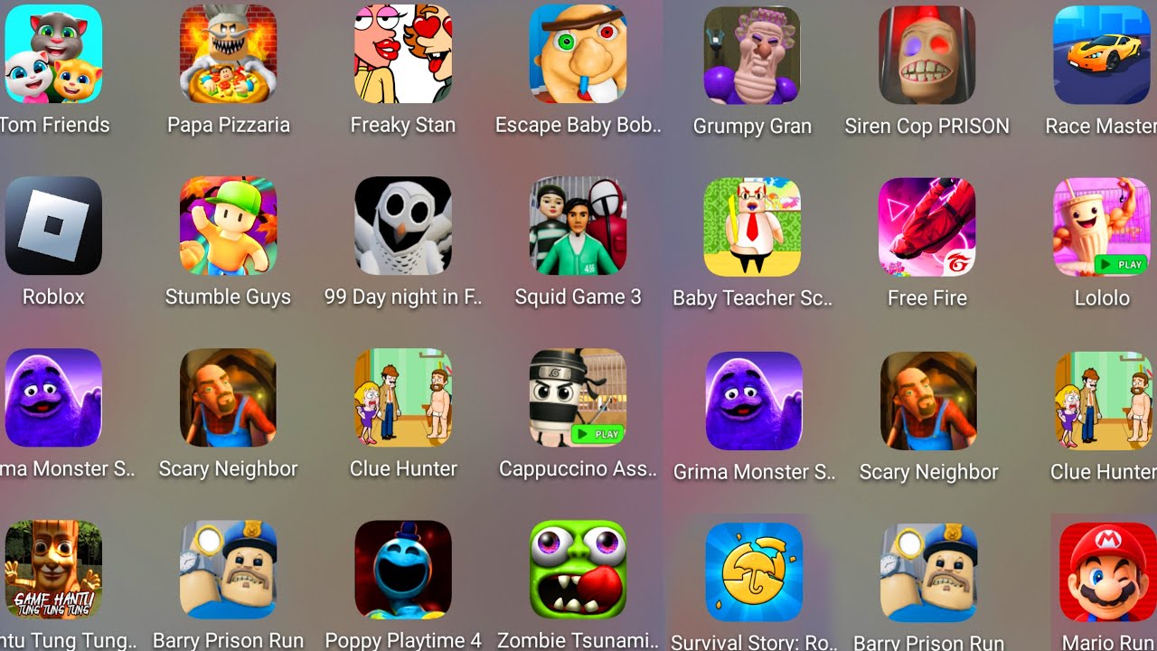Roblox,Squid Game 3,Grimace Monster,99 Nights In The Forest,Poppy Playtime 4,Grumpy Gran,StumbleGuys