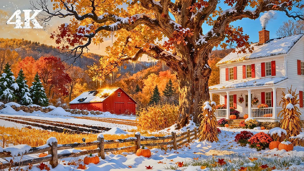 Snow Kissed Harvest Farmhouse | Autumn Fades into Winter Peace with Calming Birdsong & Gentle Breeze