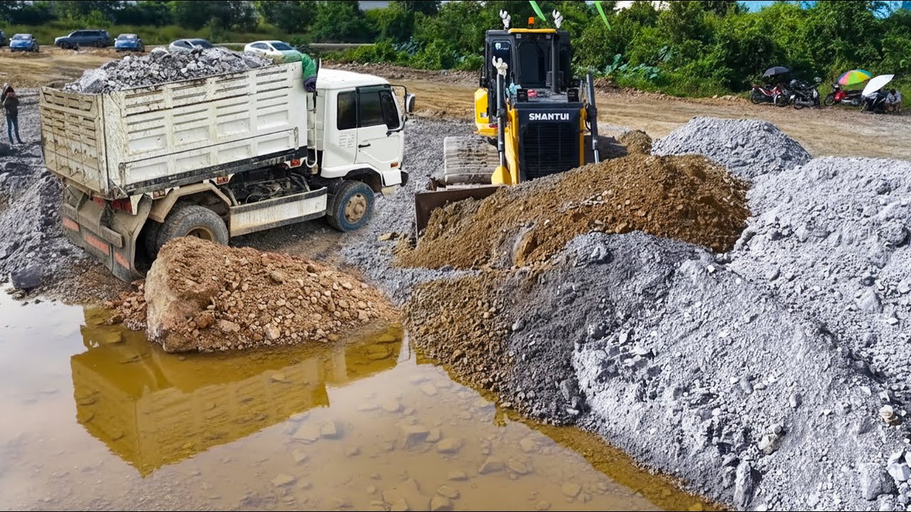 First Big Project! Bulldozer Pushes Stone into Water with 5T Dump Truck