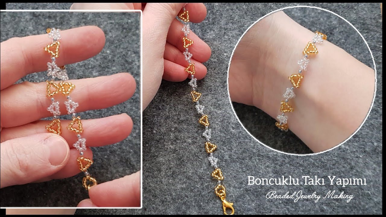 Kum boncuk bileklik yapımı. Beaded triangle chain bracelet making. Beads bracelet tutorial.