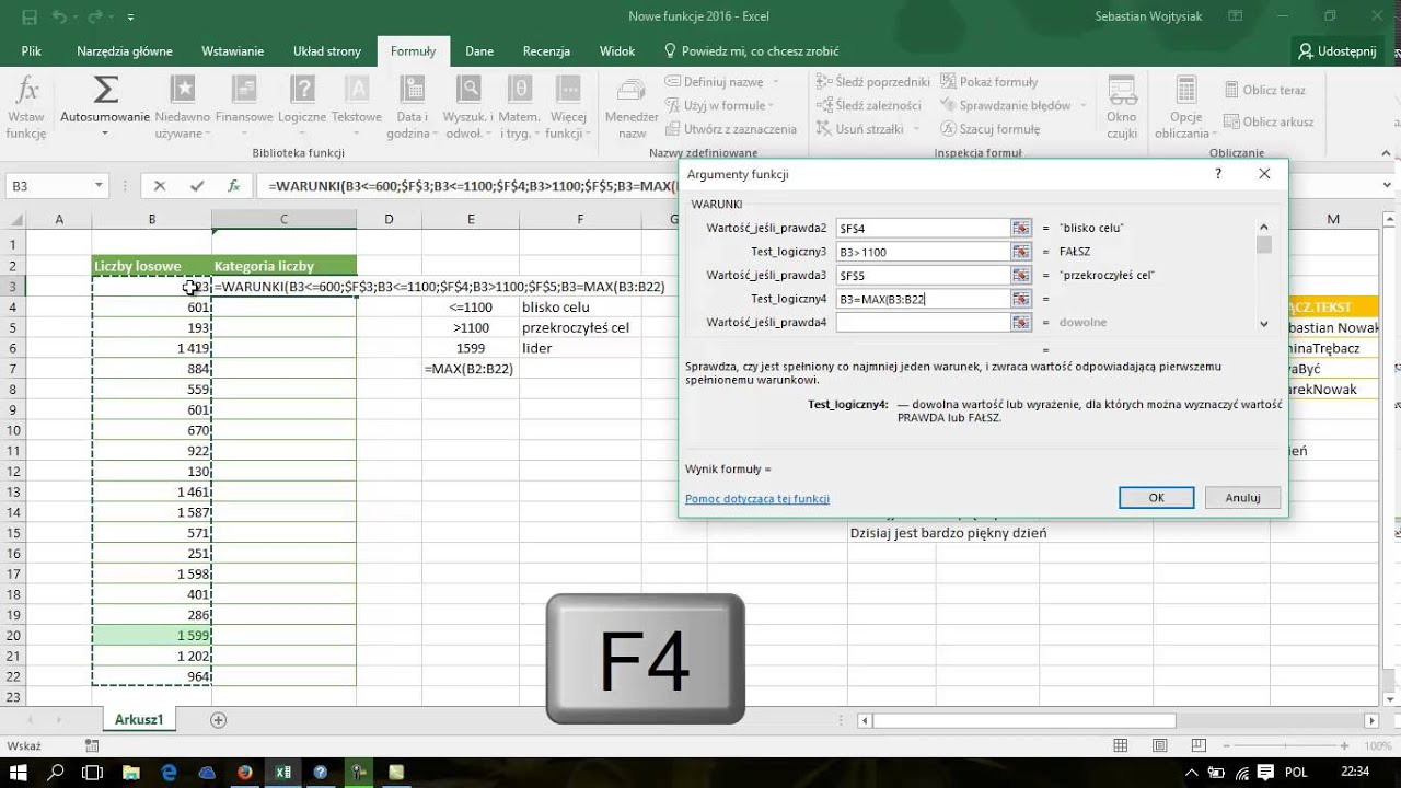 Nowe funkcje w MS Excel 2016, funkcja WARUNKI