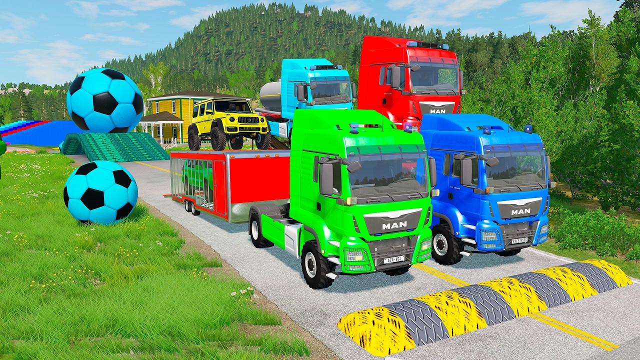 Triple Flatbed Trailer McQueen Transportation with Truck - Speedbumps vs Cars vs Train - BeamNG 0139