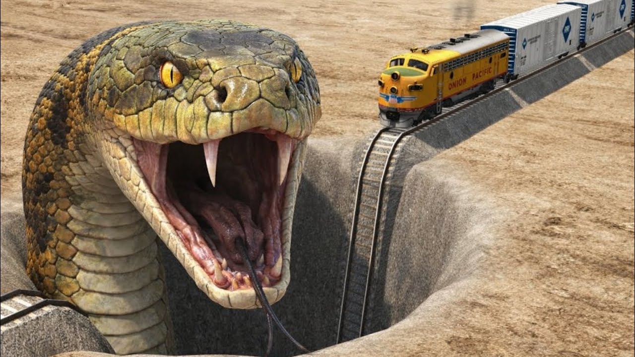 Trains vs Giant Pit – BeamNG.Drive | Giant Snake & Crazy Cow Keep Blocking Speeding Train!