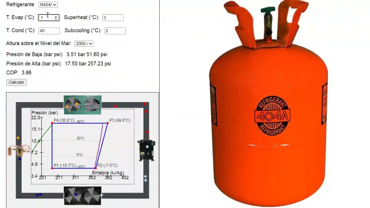 Presiones EXACTAS del gas R404A refrigerante en Congelación, Refrigeración con SIMULADOR