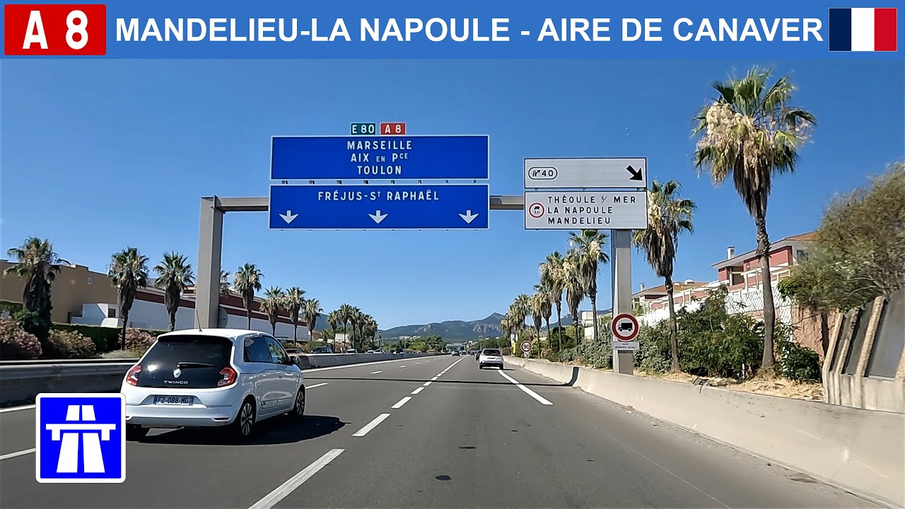 Driving in France. From Cannes towards Marseille. Autoroute A8 la Provençale. 4K