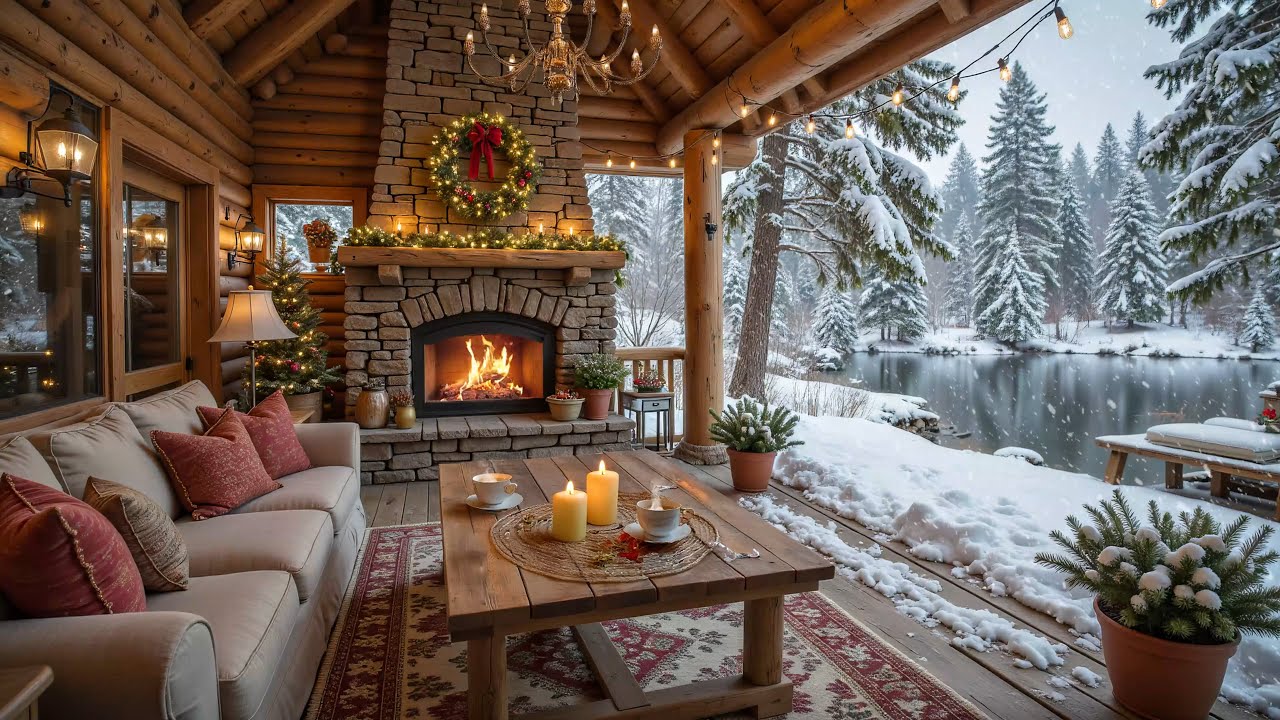Peaceful Lakeside Porch on Winter Ambience 🔥❄ Soothing Piano Music, Fire Crackling for Study